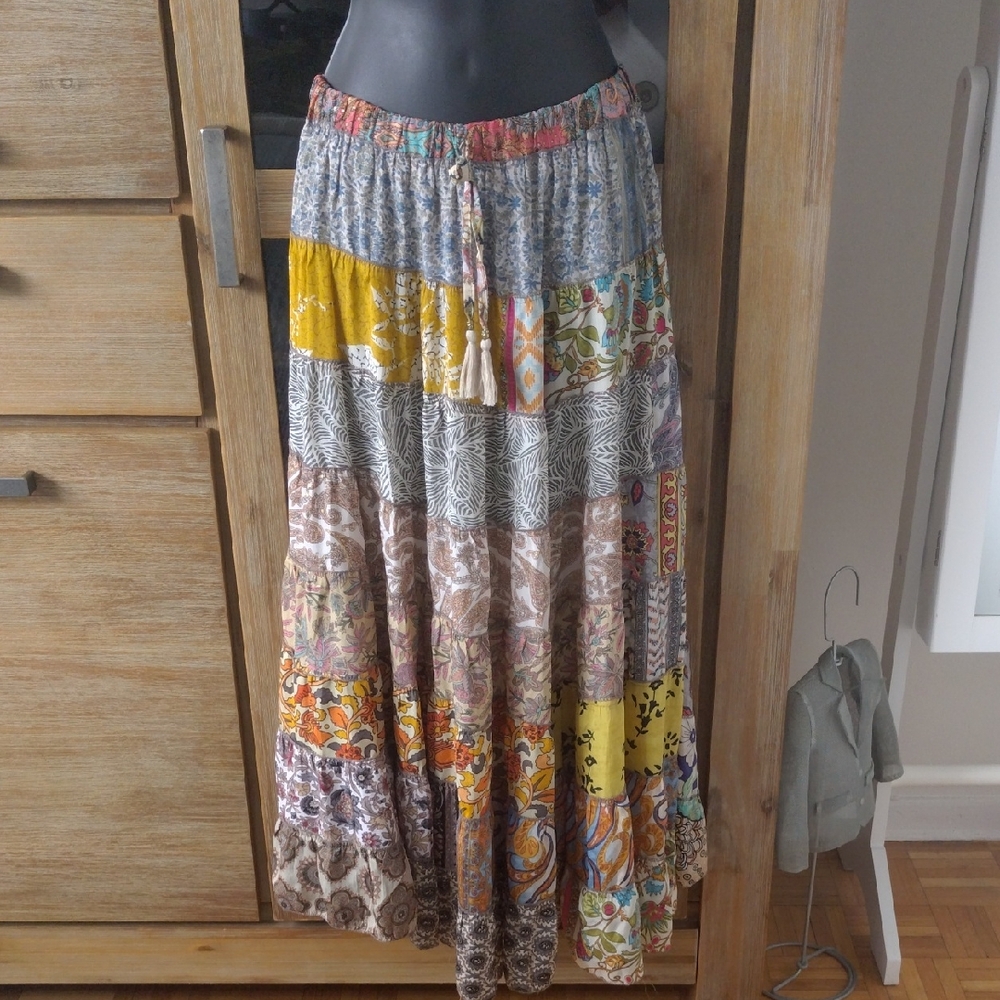 Bohemian Tiered Midi/Maxi Skirt in Multi-Color Patchwork
